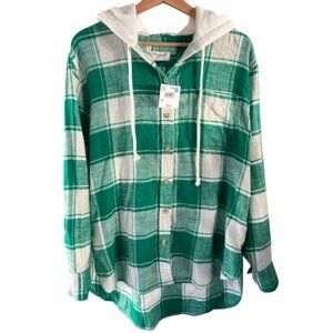 American Eagle AE Oversized Flannel Hoodie Button Up MEDIUM Green Beige Soft  Me
